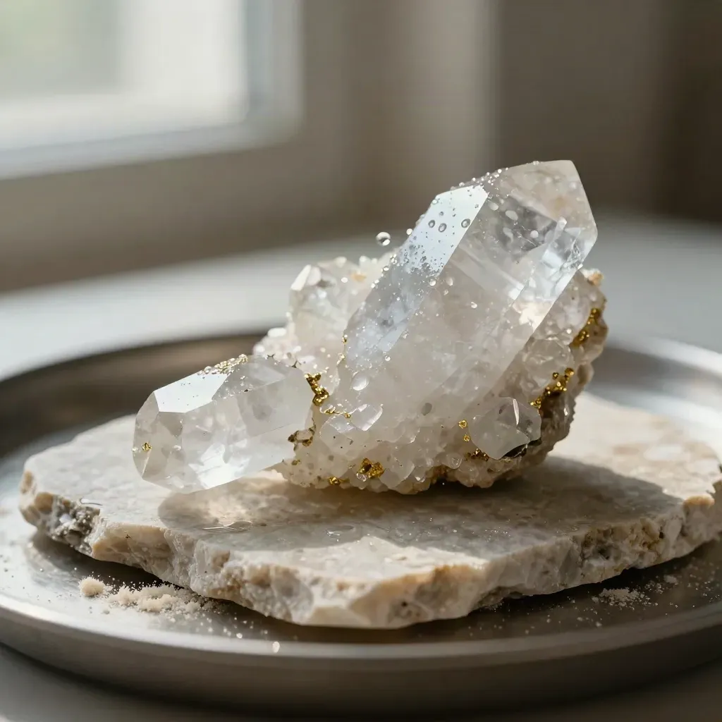 Quartz cluster drying on pale stone with two broken points and soft gold glints