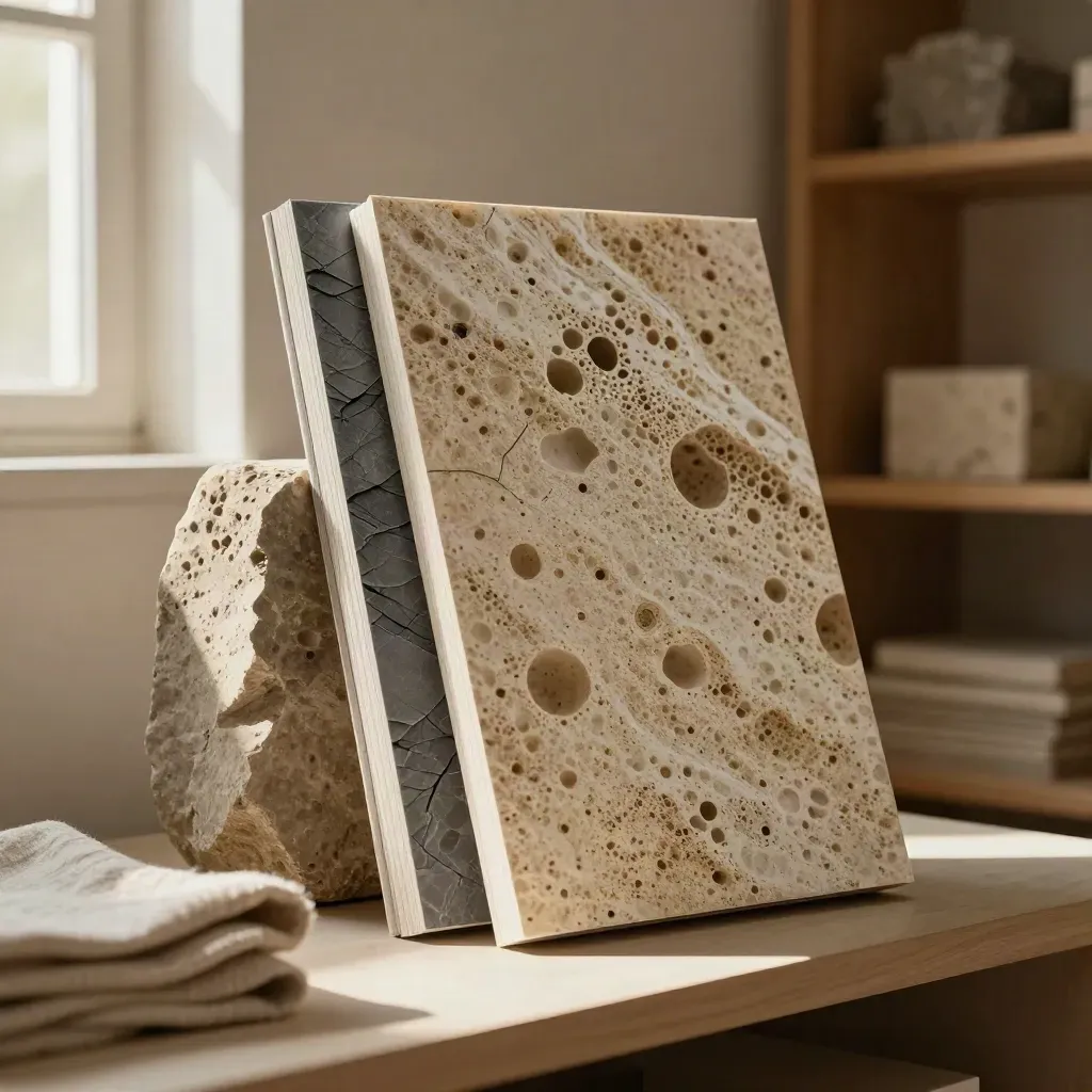 Stacked classroom rock texture print boards beside a rough stone and folded linen on a pale shelf.