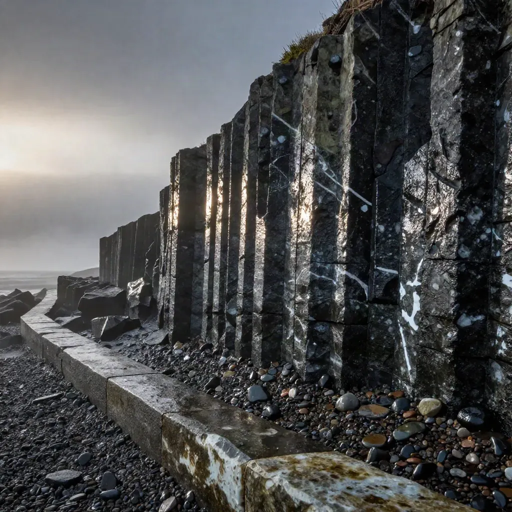 Basalt headland slab with quartz seams, wet pebbles, and dawn mist over pale shore stone.