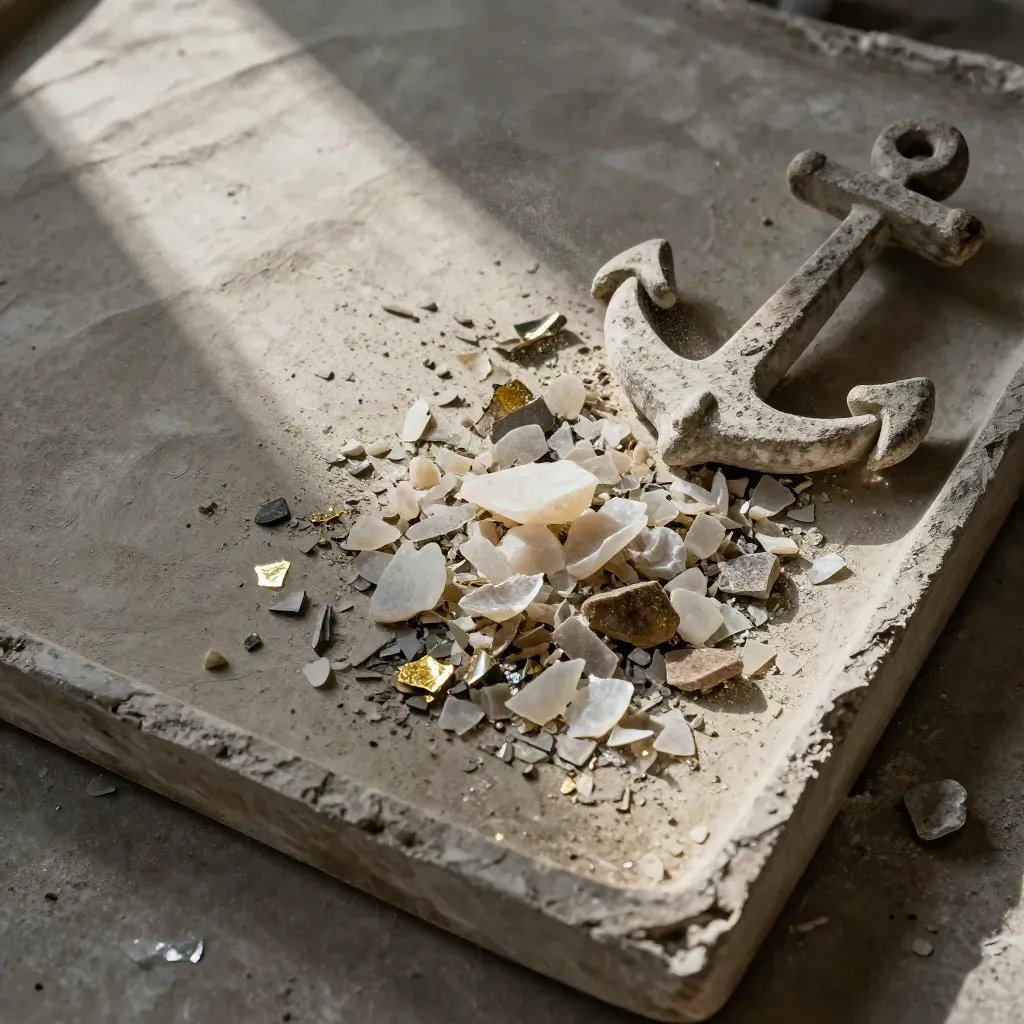 Top-down mineral tray of mica flakes and pale chips on drying plaster with a rough stone edge