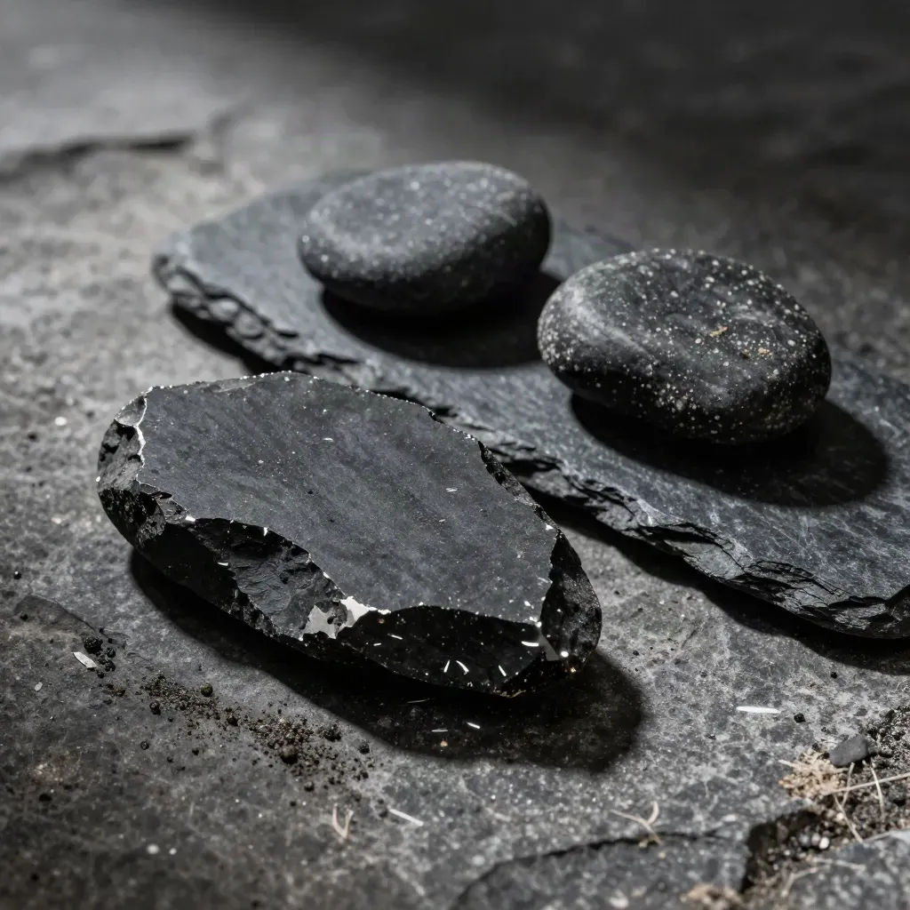 Matte black basalt fragment with two pebbles and slate, lit dramatically on gritty stone.