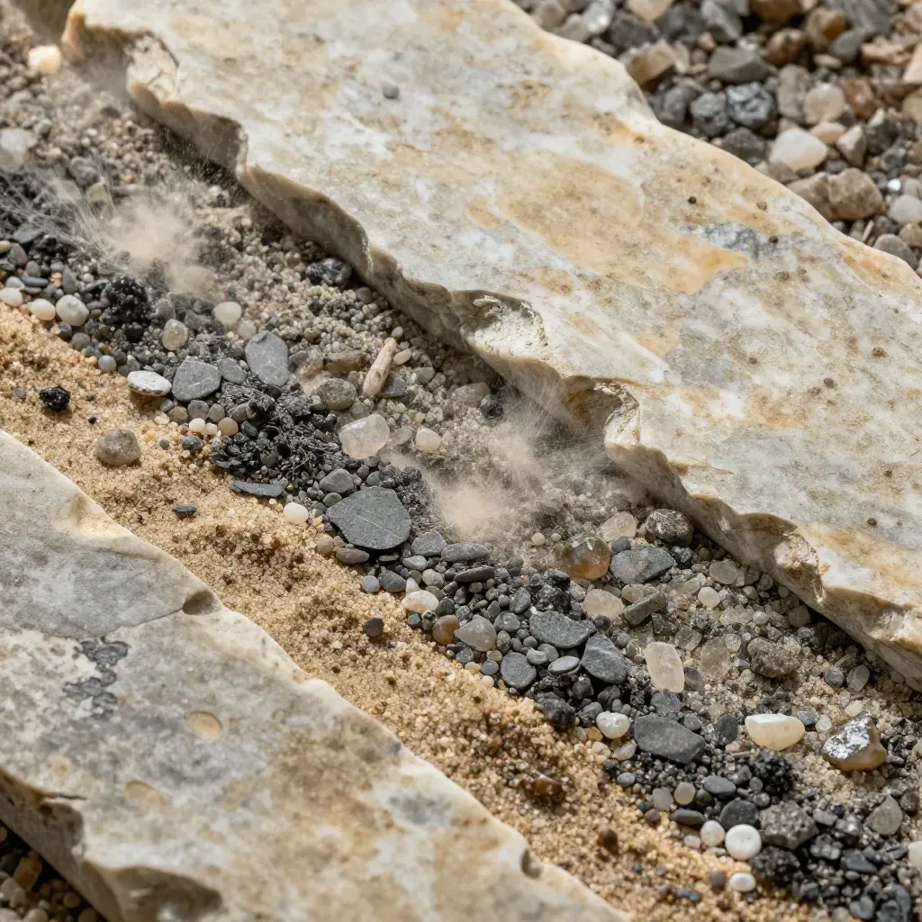 Top-down macro of sorted mineral grains and sand beside a stone sample in warm late-afternoon light.