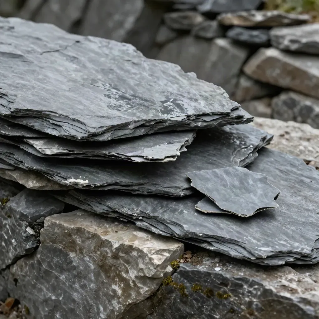 Wet layered slate outcrop with peeling sheets and two flat chips on stone