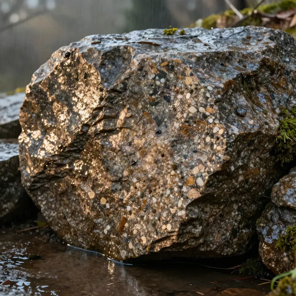 Wet granite boulder face with feldspar flecks, rain beads, moss and a shallow puddle at its base.