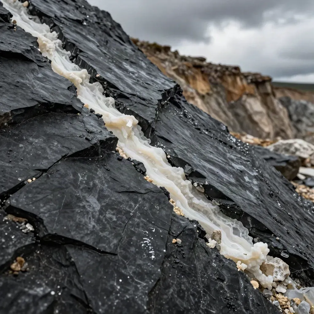 Quartz vein slicing through dark rock, lit by a sudden sweep of daylight and faint steam.