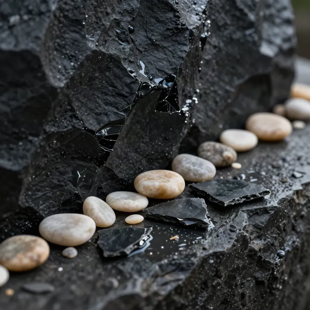 Basalt slab with pale pebble and wet slate chips in misty low light