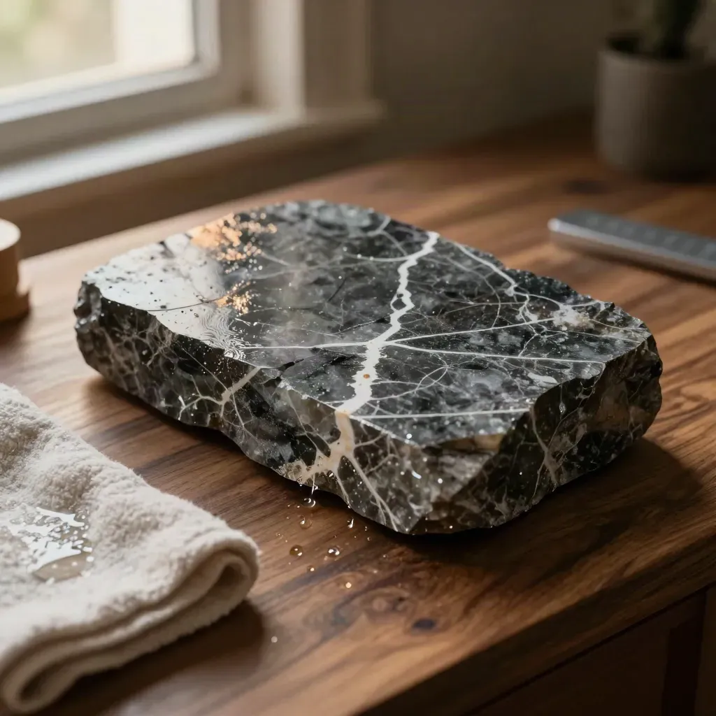 Quartz-veined rock face on a walnut bench, moisture beading through thin white seams.