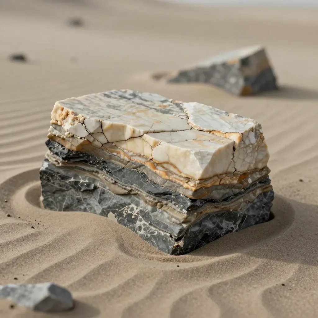 Banded gneiss block on sand with soft side light and slate-gray stripes.