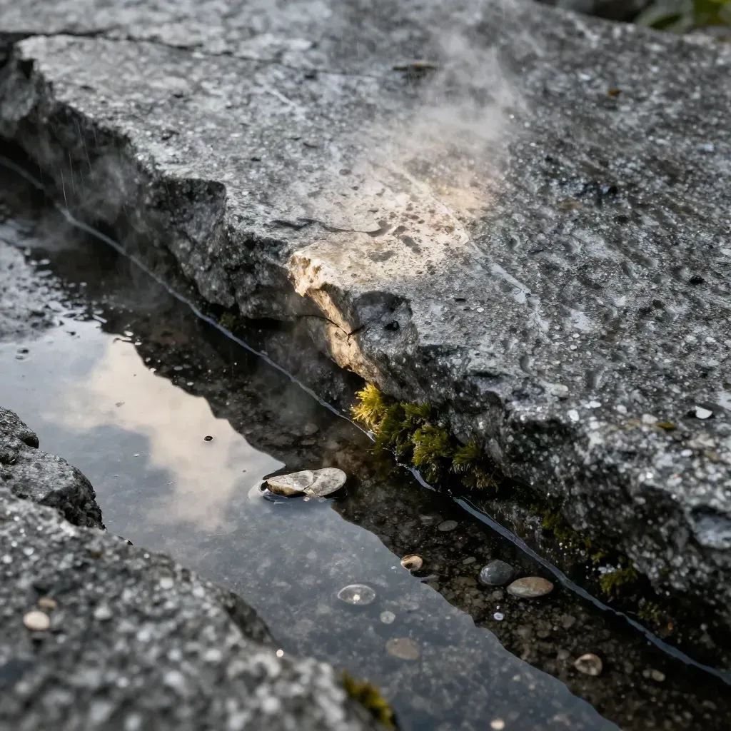 Wet granite shelf with puddle, split pebble, moss-green seam and rain steam.