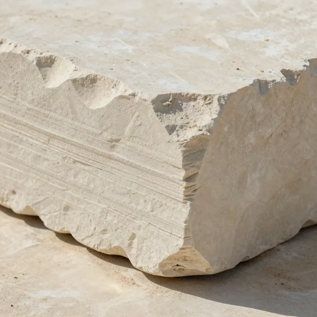 Extreme close side view of pale limestone drying on plaster, pits and chalky layers in soft dust.