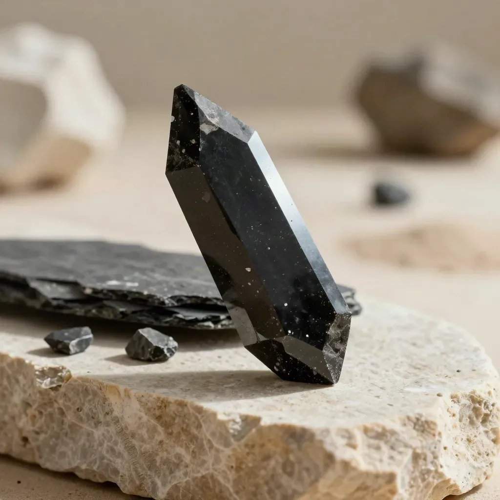 Obsidian shard on warm stone, edge lit above basalt fragments in a calm geology studio.