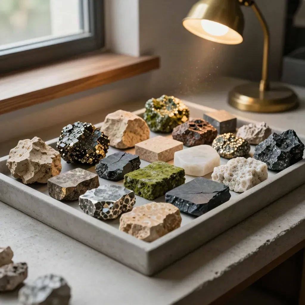 Stone specimens sorted by gold, green, and gray tones in a shallow tray by window light.