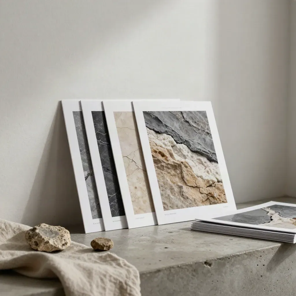 Stacked rock print cards fanned open beside a cloth and stone chip.