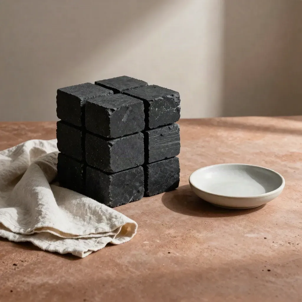 Top-down basalt blocks with linen cloth and ceramic dish on warm plaster.