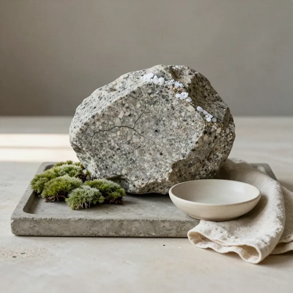Granite specimen with moss sprig and ceramic dish on a concrete tray in soft daylight