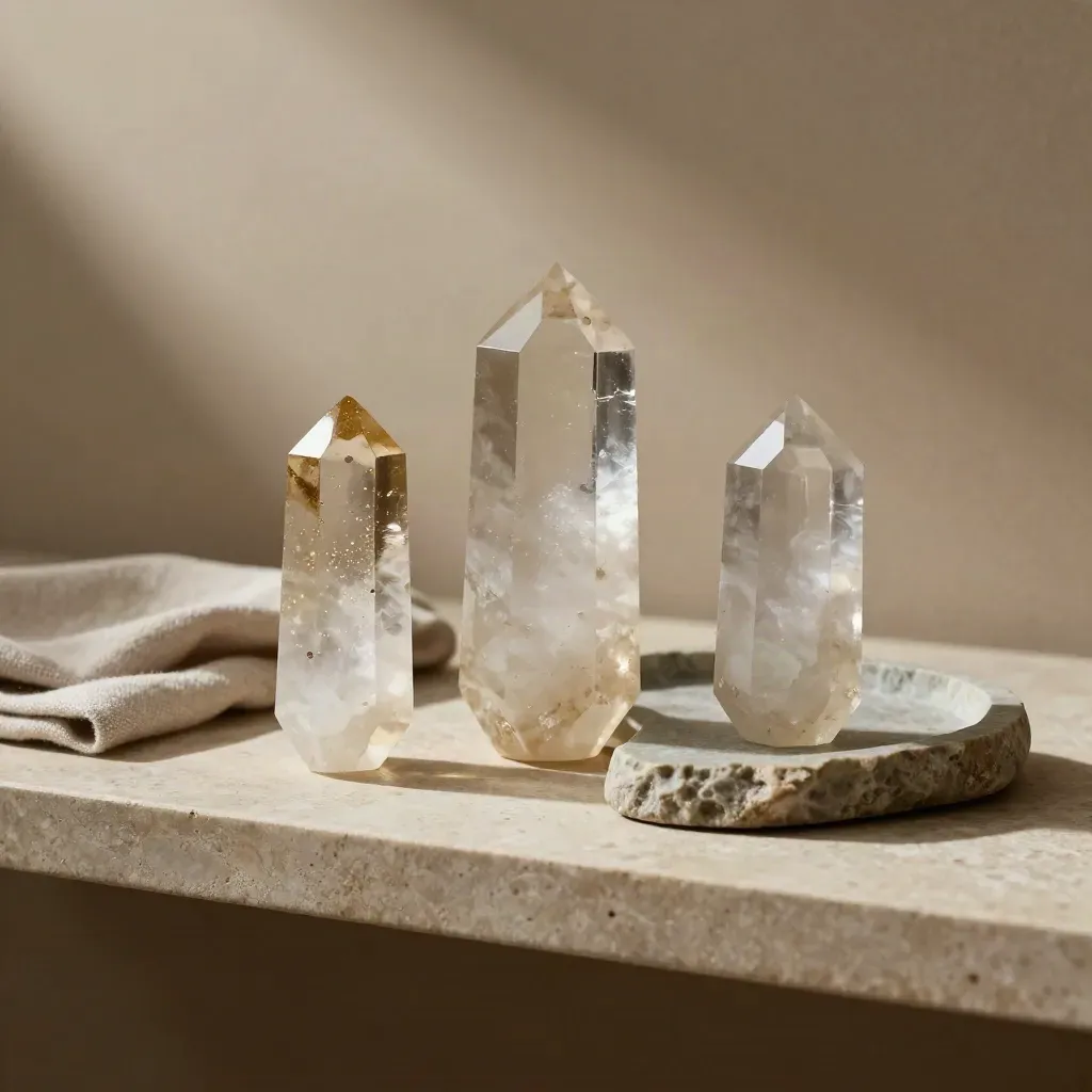 Three quartz cuts with cloth and a stone tray on a neutral shelf in soft light.