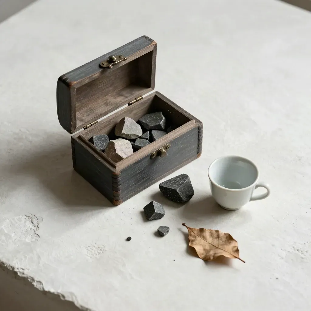 Open basalt specimen box with chips, cup, and dried leaf on plaster.