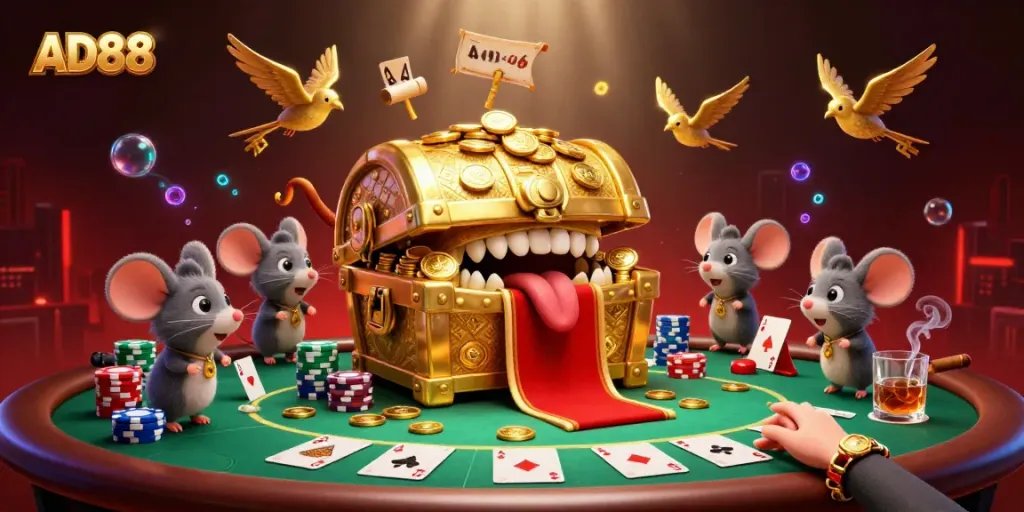 Engaging adventurer mice are drawn to the treasure chest in a vibrant AD88 3D gambling scene.