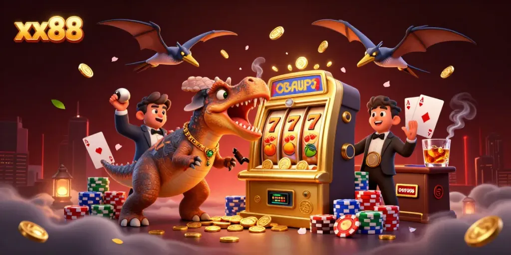 xx88 slot machine scene with dinosaurs, winning coins flying in a dynamic casino illustration.