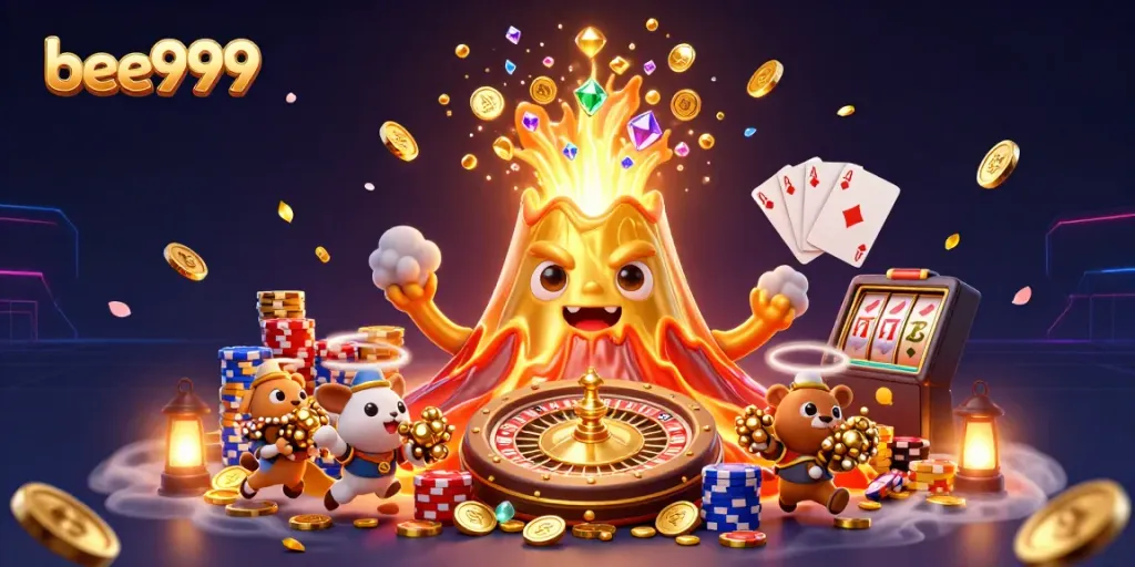 Experience the thrill of bee999 with a 3D golden volcano and treasure-laden animals in a casino adventure.