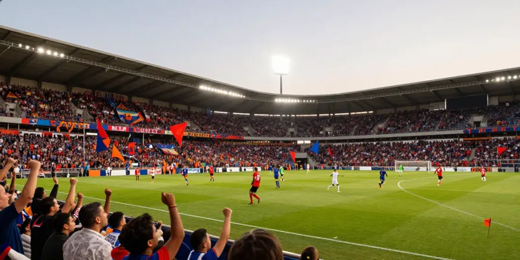 Vibrant outdoor scene at a football stadium during a match showcasing fans, players, and event atmosphere with TOP10สนาม focus.