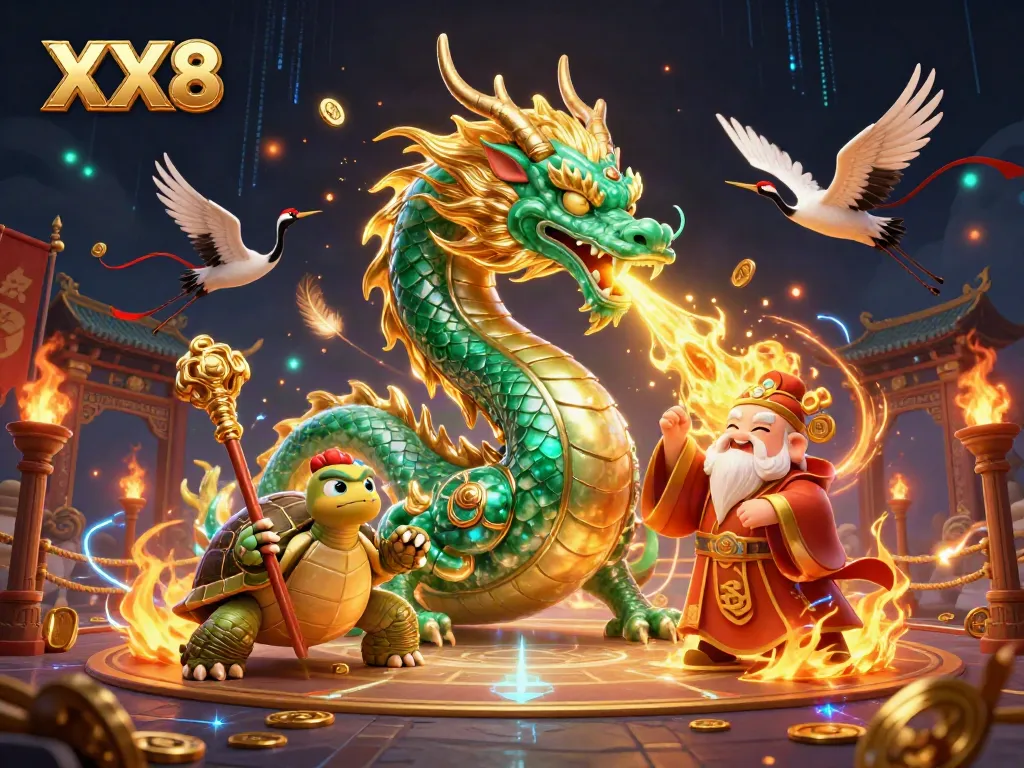 Engaging fantasy scene of XX8 featuring a jade dragon and vibrant characters immersing in a casino atmosphere.