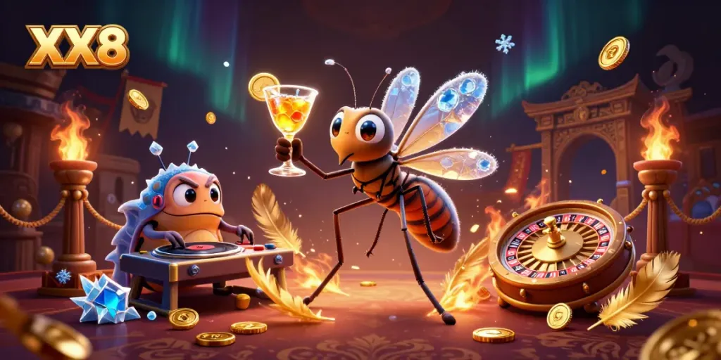 Engage with XX8's vibrant casino scene featuring a frozen mosquito mascot and a trilobite DJ.
