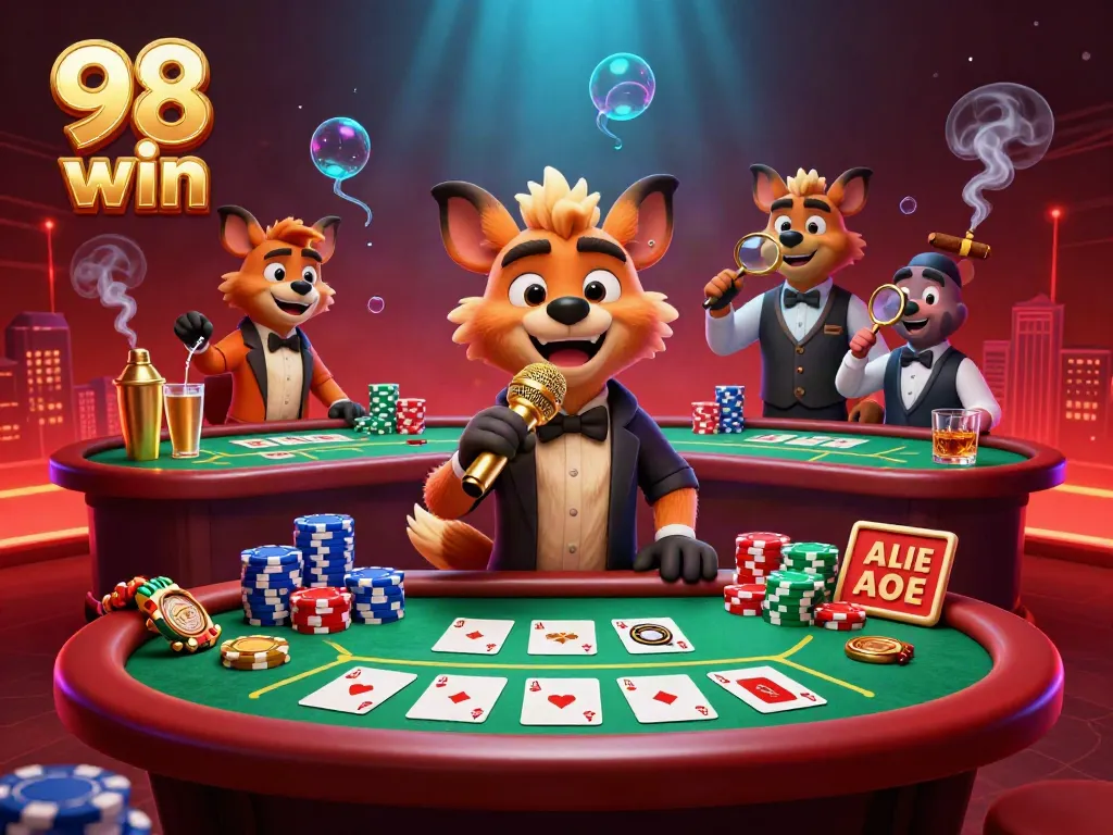 Hyenas running a comedy casino club with vibrant games, showcasing the fun of 98 win.