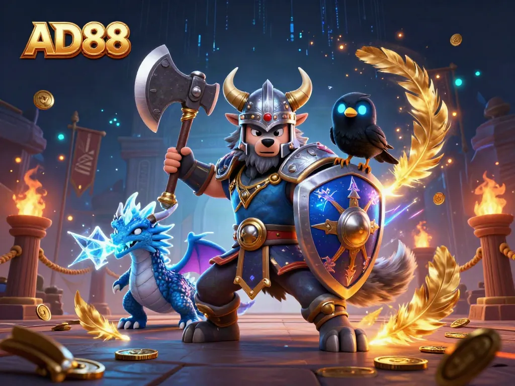 Engage in thrilling action with AD88's exciting Viking-themed casino adventure illustration.