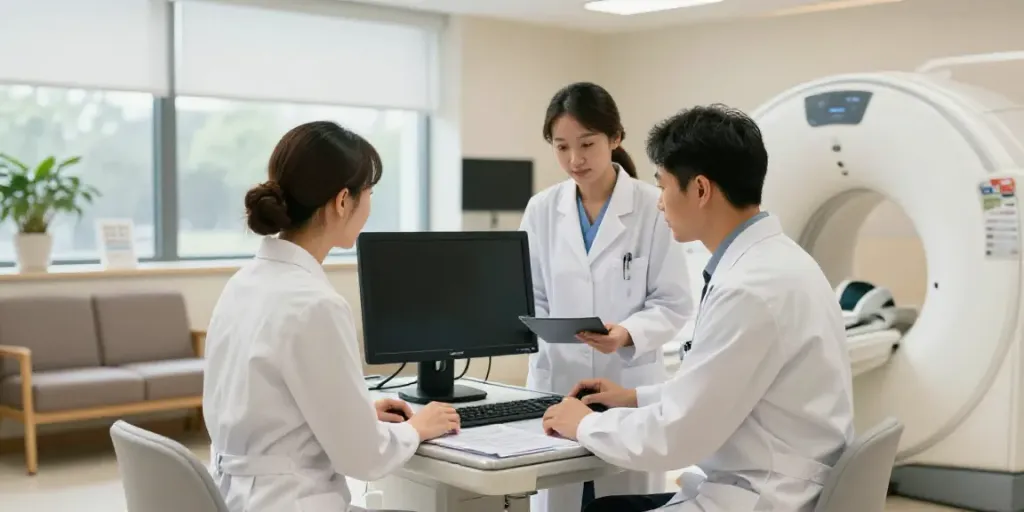 Fachärzte im Diagnostikzentrum Wolfsburg diskutieren moderne Medizintechnik und Patientendaten.