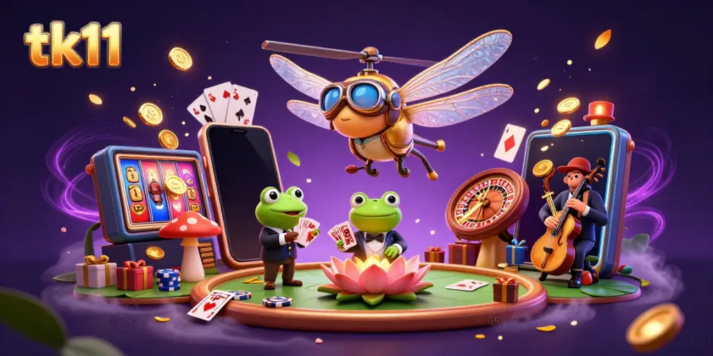 Join the fun at tk11 with a vibrant dragonfly casino scene, featuring a frog croupier and jazz musicians.