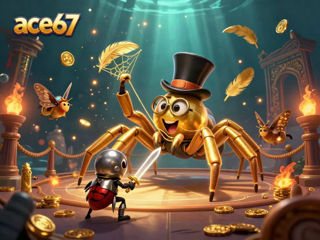 Experience ace67's thrilling games with a golden tarantula weaving magic in a vibrant casino.
