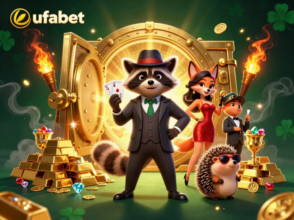 ภาพการ์ตูน 3D ชายรูปร่างหมีในชุดสูทถือไพ่โป๊กเกอร์ ufabet กับหญิงสาวในชุดสีแดง