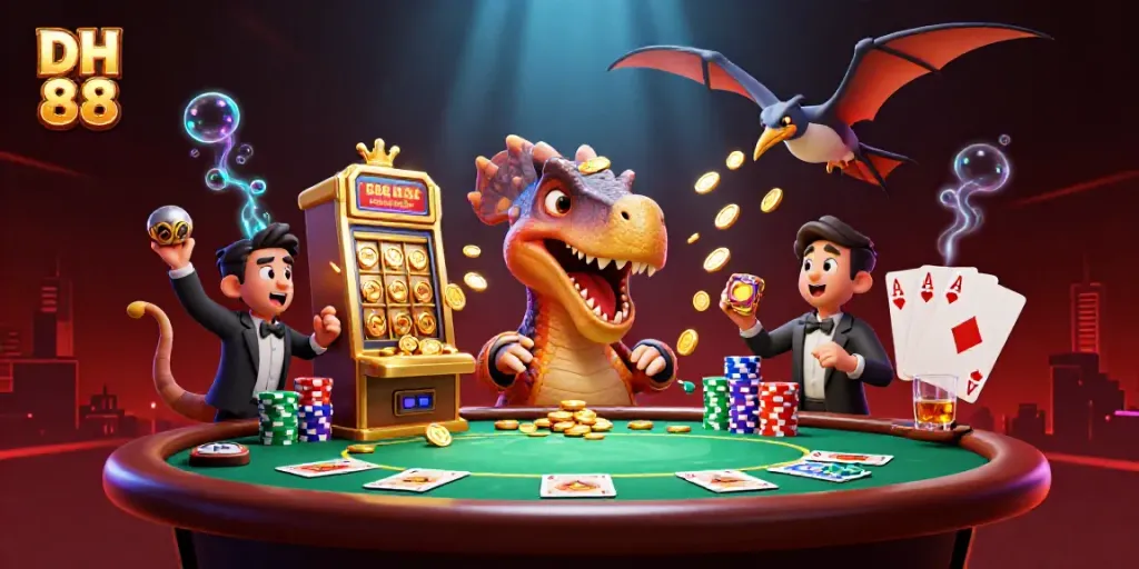 DH 88 highlights dynamic casino moments with a dinosaur-themed jackpot scene.