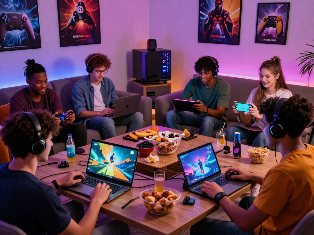 Friends playing porn games online on various devices in a cozy living room setting, surrounded by snacks and gaming posters.