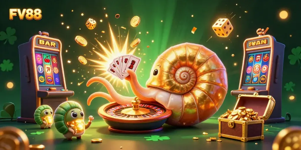 Experience the thrill of FV88 Casino with a vibrant, detailed 3D illustration featuring slots, roulette, and colorful gaming elements.