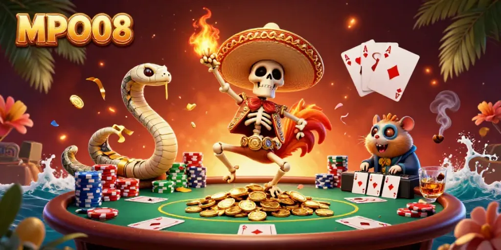 MPO08 showcases a lively 3D scene with a dancing mariachi rooster and poker elements.