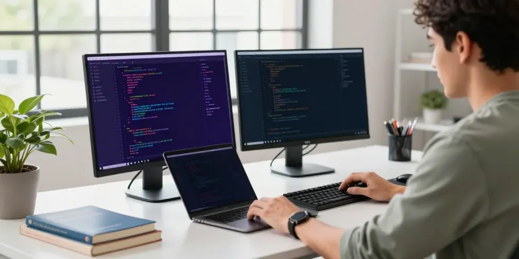 Developer analyzing apk code on dual monitors in a modern workspace.