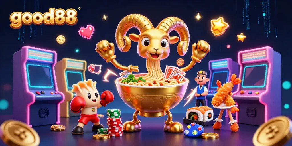 Experience thrilling gaming action with good88's vibrant 3D casino illustration showcasing unique characters and lively game elements.