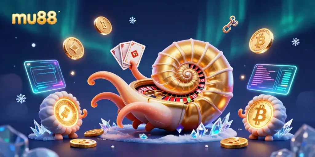 Win big at mu88 with a vibrant casino scene featuring a giant nautilus as a roulette wheel.