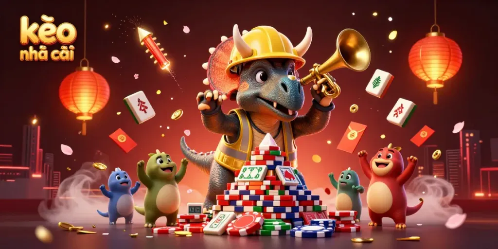 Celebrating kèo nhà cái, a triceratops builds poker chip pyramid while a parasaurolophus toots in joy.