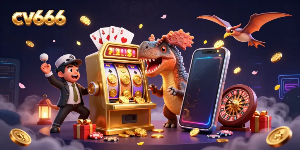 Experience the excitement of cv666 with a pachycephalosaurus hitting a jackpot, revealing coins and gaming elements.