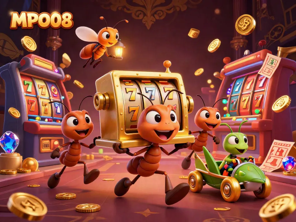 MPO08 revels in a vibrant casino heist with animated ants, slot machines, and golden coins.