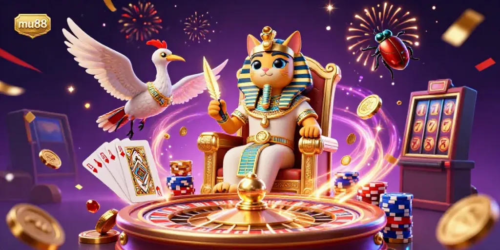 Experience the excitement of mu88 with vibrant 3D casino elements, including gaming icons and a royal pharaoh cat.