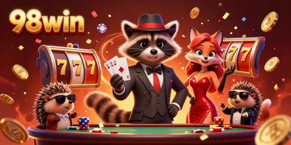 Experience winning strategies at 98win with playful casino characters amid vibrant gaming elements.