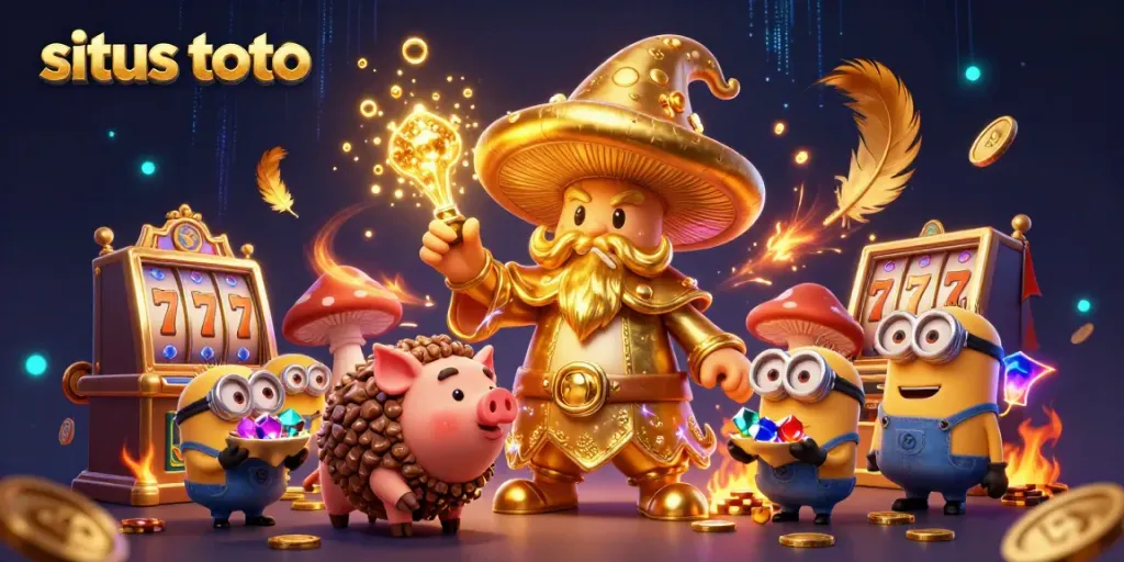 Engage in exciting gameplay at situs toto with a whimsical golden wizard and treasure-seeking characters.