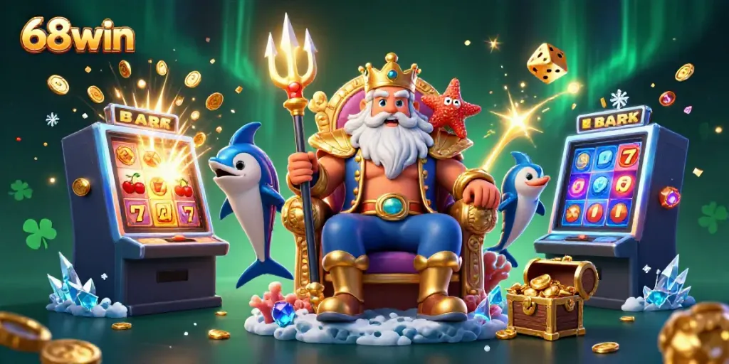 Experience the excitement of 68win through a vibrant 3D illustration of Neptune celebrating a jackpot.