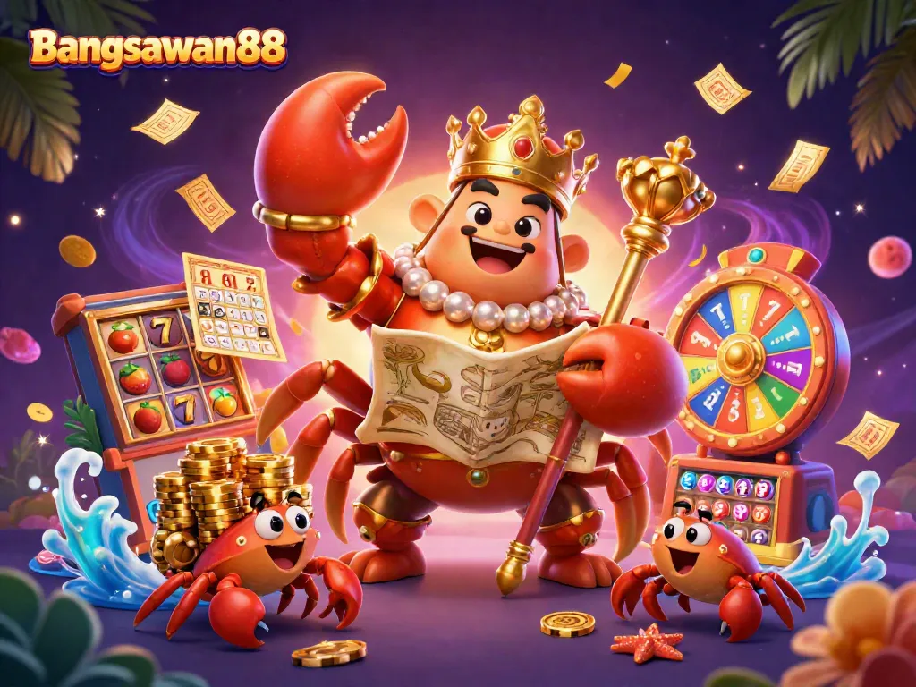 Bangsawan88 showcases a vibrant 3D cartoon scene with a golden crab emperor and dynamic gambling elements.
