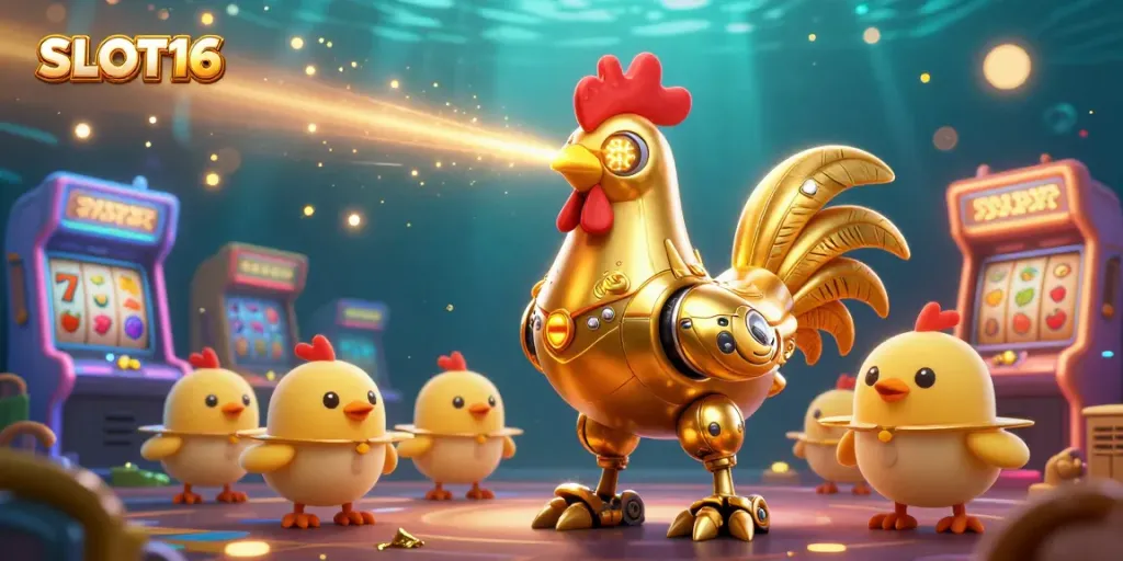 SLOT16 showcases a golden rooster robot in a colorful casino with slot reels, bringing gaming excitement alive.
