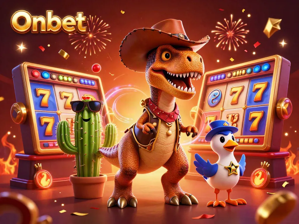 Engaging Onbet scene with a T-Rex cowboy and casino elements like slot reels and gold coins.
